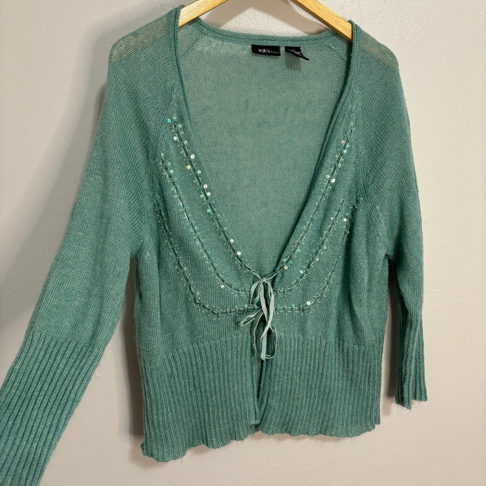 Mixit Cardigan Sage Green Sequin Velvet Tie Y2K Fairycore Mohair Layering 2X